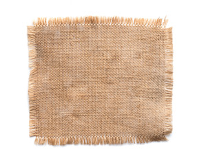 Old burlap fabric napkin, sackcloth piece isolated on white background