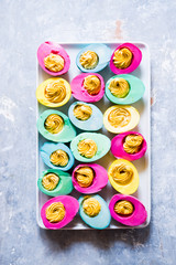 Colored hard-boiled eggs easter tradition, naturally dyed eggs for easter holiday using natural...
