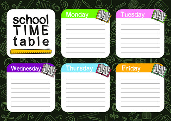 Template of a school schedule for 5 days of the week for students. Vector illustration in chalky styles. Includes hand-drawn elements on a school theme.