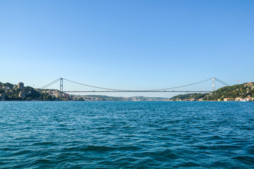 The Fatih Sultan Mehmet Bridge spans the Bosphorous strait between the European and Asian sides of Istanbul, Turkey. It is also known as the Second Bosphorous Bridge and is suspension bridge.