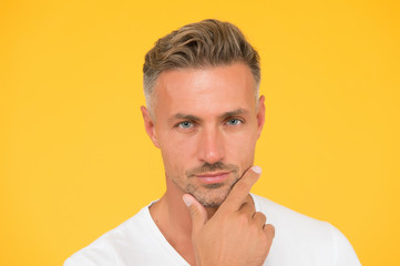 Fototapeta premium Take ageing with respect. Grizzle hair. Deal with gray roots. Man attractive well groomed facial hair. Barber shop concept. Barber and hairdresser. Man mature good looking model. Silver hair shampoo