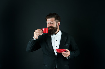 Drink to kick-start his morning. Hipster drink coffee balck background. Businessman enjoy drink...