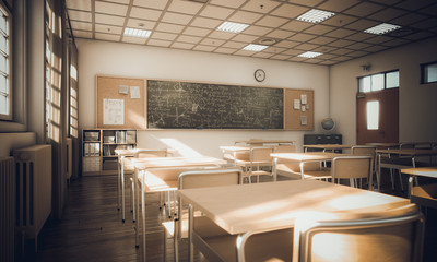 interior of a secondary school class, light from windows 3d render