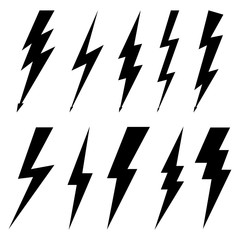 Thunderbolt icons isolated on white background. Black silhouettes in flat style. Lightning bolt with electric high voltage. Lightning strike bolt is symbols warning danger. Cartoon elements. Vector