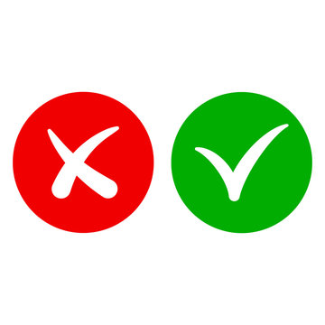 Tick and cross signs isolated on white background. Check mark sign and  cross. Green, red circle. Button for ok, yes, no, error, incorrect, cancel  and close. Question, poll, test in app or