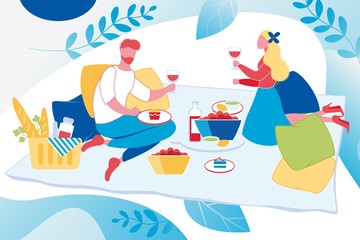 Woman and Man Couple Sitting on Date Picnic Outdoor Holding Glass of Wine and Eat Food. Relaxing, Romantic Weekend. Relationship between Boyfriend to Girlfriend. Modern Flat Vector Illustration