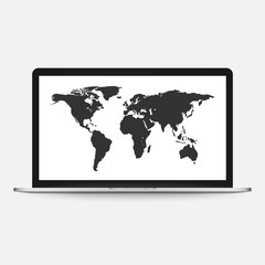 Map on computer screen vector illustration isolated, flat cartoon world map on laptop display