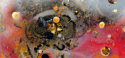 Macro Abstract bubble marble texture background. Acrylic color in water and oil.