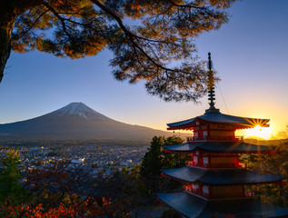 Red Pagoda with Mt Fuji on the background,Mt. Fuji with red pagoda in autumn, Fujiyoshida, Japan,Chureito Pagoda.