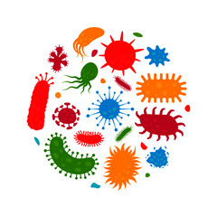 Bacteria virus flat icons. Cartoon flat microorganism circle isolated on white background, bacterial epidemic signs, micro organisms germs set. Vector illustration