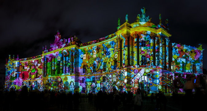 BERLIN - OCTOBER 08, 2016: Festival of lights. The building of the Law Faculty of the Humboldt University in festive illumination.
