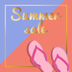 Summer card template with flip-flops, shadow, gradient golden frame and inscription summer sale. Modern vector illustration in trendy colors. Hand drawn style. Design element for ad