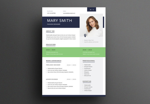 Resume Layout with Green and Blue Accents