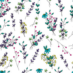 Decorative seamless pattern of bright colored cute simple wildflowers in doodle style on a white background. Hand drawing. Lavender. Vector stock illustration.