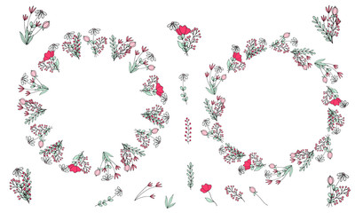 Cute flowers in doodle style. Set of wreaths, small bouquets, branches and elements of delicate multi-colored simple flowers on a white background. Hand drawing. Isolated objects.