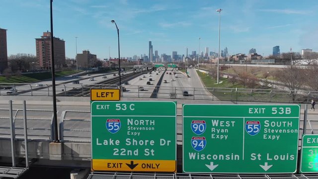 Aerial view of Dan Ryan Expressway and cityscape of downtown in the background, Chicago, Illinois, United States of America