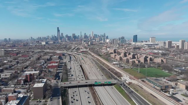 Aerial view of Dan Ryan Expressway and cityscape of downtown in the background, Chicago, Illinois, United States of America