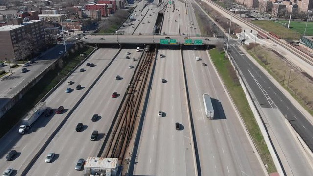 Aerial view of Dan Ryan Expressway and cityscape of downtown in the background, Chicago, Illinois, United States of America