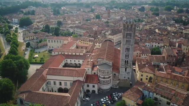 Aerial sunrise around san frediano church in lucca tuscany italian architecture