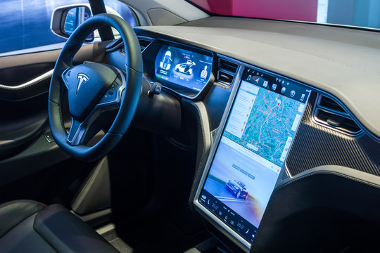 BERLIN - NOVEMBER 09, 2016: Showroom. The dashboard of a full-sized, all-electric, luxury, crossover SUV Tesla Model X. Produced since 2016.