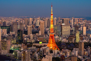 Naklejka premium Japan. Tokyo. Tokyo Television Tower glows at night. Evening city in Japan. Panorama of evening Tokyo. Illumination of a television tower. Architecture. Capital of Japan aerial view.