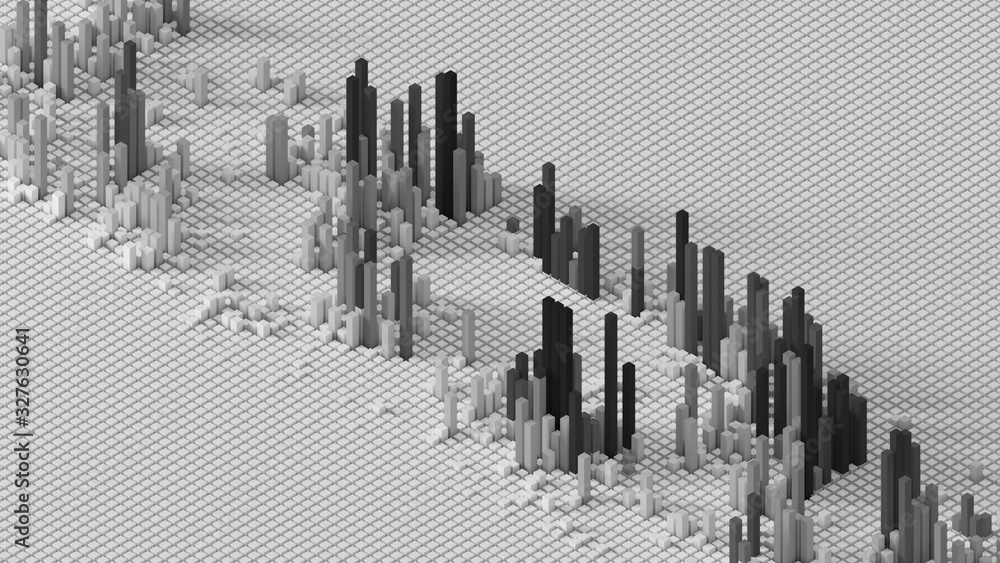 Poster 3d render of grid of blocks with pushing up details. complex digital and analysing concept. technolo