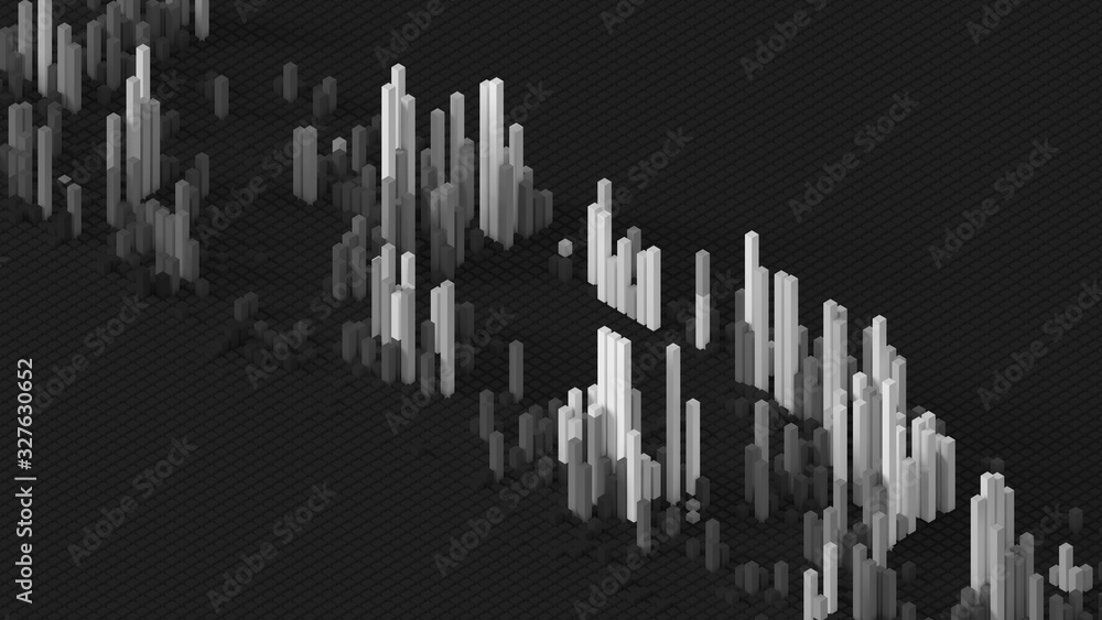 Poster 3d render of grid of blocks with pushing up details. complex digital and analysing concept. technolo