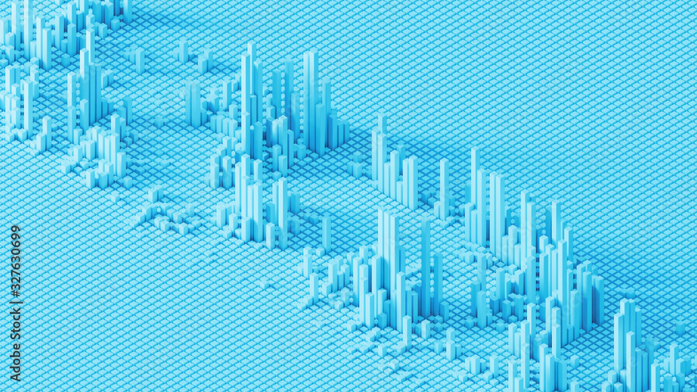 Poster 3d render of grid of blocks with pushing up details. complex digital and analysing concept. technolo