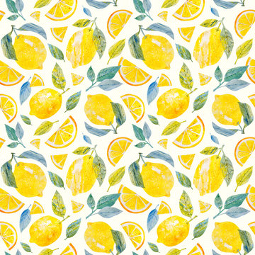 Lemon Seamless pattern. Handpainted paper collage. Botanical watercolor hand drawn illustration. Citrus fruit. Paper art and craft style. Cut paper. Applique. Vintage