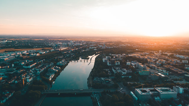 Aerial View of Heidelberg Germany with Neckar River at Sunset