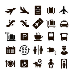 Airport icons set. Arrival, departure, tickets sign collection
