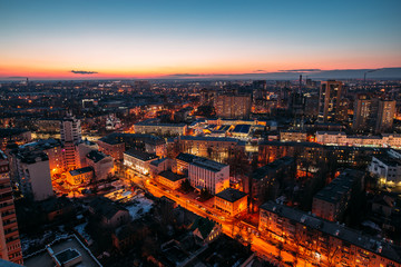 Fototapeta na wymiar Evening Voronezh aerial cityscape from rooftop. Residential area