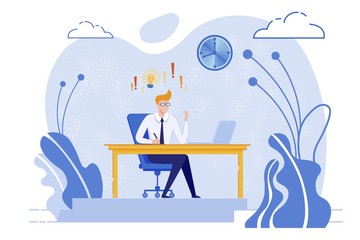 Man Office Worker Sitting At Table in Front Laptop Flat Cartoon Vector Illustration. Stressed Person Having Deadline. Solving Problems Having Idea. Businessman Working Late. Writing Report.