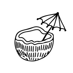 Coconut cocktail with umbrella in doodle style on an isolated white background. Stock vector illustration