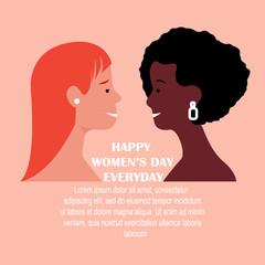 International Woman Day.Different Girls hold Hands, Together.Dark Skin African, Red Girl. Free Confident Women.Interracial Group Feminist,Empowerment.