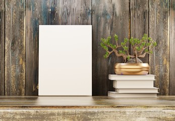 Book template with white cover on a wooden shelf next to the plant. Presentation of a new book. Interior of a country house. 3D rendering. - obrazy, fototapety, plakaty