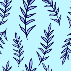 Botanical seamless pattern of twigs with leaves. Abstract print of blue plants on a blue delicate background. Stock vector illustration