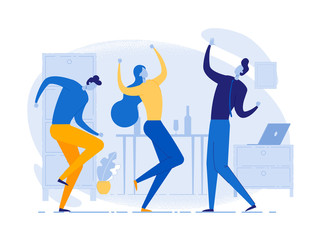 Young Adults Dancing Flat Vector Illustration. Office Workers, Company Employees, Cheerful Friends Cartoon Characters. Colleagues Celebrating Business Success Achievement. Corporate Party Concept