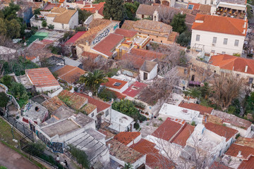 Aerial view of preserved historic buildings in the Plaka neighborhood of Athens, on the slopes of Acropolis, Greece