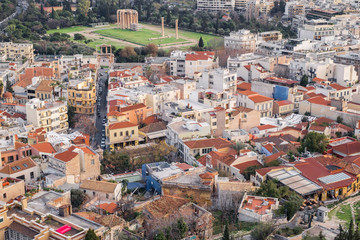 Aerial view of preserved historic buildings in the Plaka neighborhood of Athens, on the slopes of Acropolis, Greece