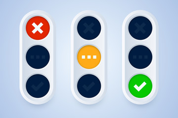 Traffic light signs in 3d style. Cross, checkmark signs on green, yellow and red background. Vector illustration.
