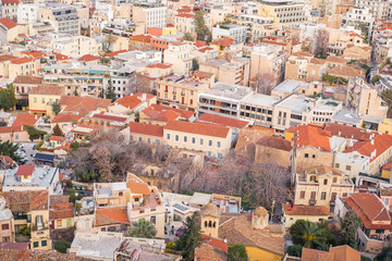 Aerial view of preserved historic buildings in the Plaka neighborhood of Athens, on the slopes of Acropolis, Greece