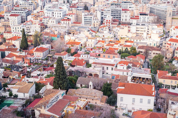 Aerial view of preserved historic buildings in the Plaka neighborhood of Athens, on the slopes of Acropolis, Greece