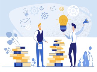 Informative Banner Search for Ideas from Books. People Divide one Large scale Thought into Several Small ones. Men in Suits Stand among Books and Talk to Each other. Vector Illustration.