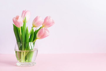 Tender pink tulips in a vase. Greeting card for Women's day.