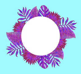 Fototapeta na wymiar Summer purple tropical background banner with palm leaves. Blue background.