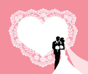 Invitation, greeting or wedding card with white lace and wedding silhouettes