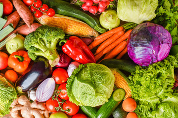 Composition with assorted raw fresh mix vegetables. Variety vegetable top view background.