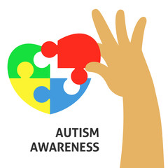 A square vector image with a hand holding a  puzzle for the autism awareness day. A template for a medicine flyer poster card design 