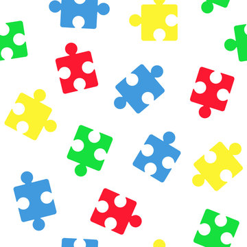 A seamless vector pattern with puzzle elements for the autism awareness day. A template for a medicine flyer poster card design 